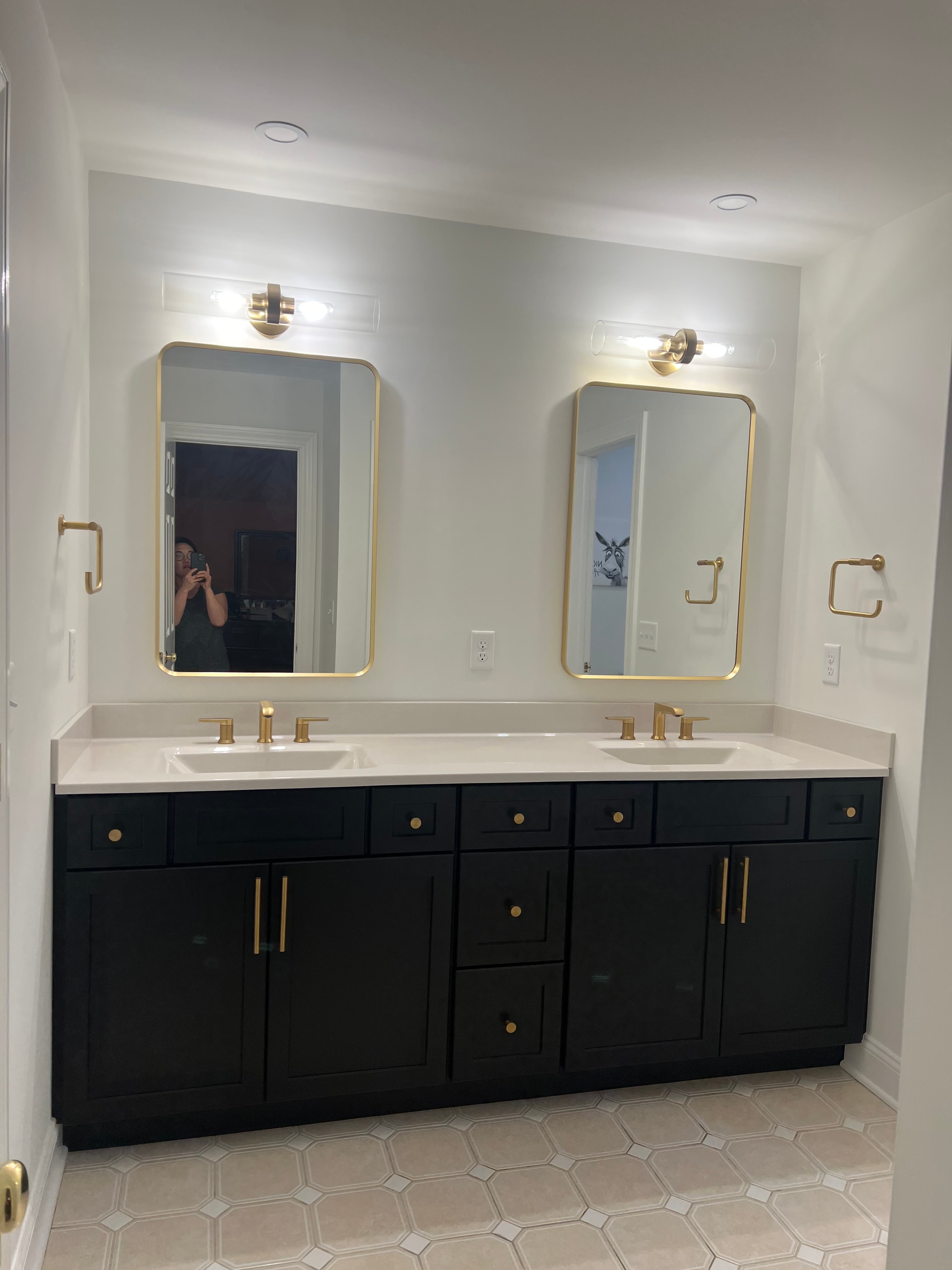 Niskayuna bathroom remodel with dual vanity and gold accents by BGS Fine Finish