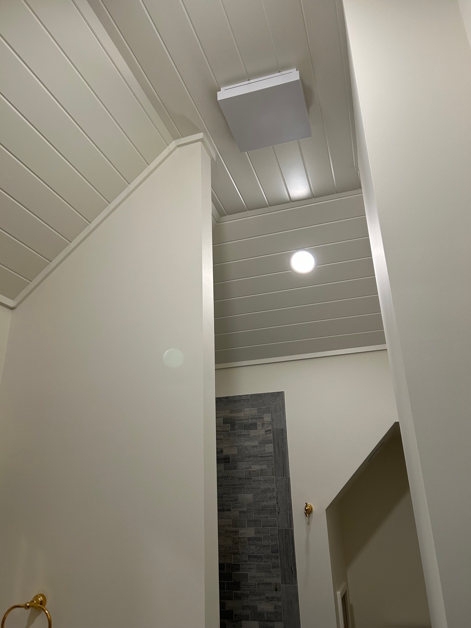 Niskayuna sauna and spa bathroom - tongue and groove V-groove cedar ceiling detail with globe light