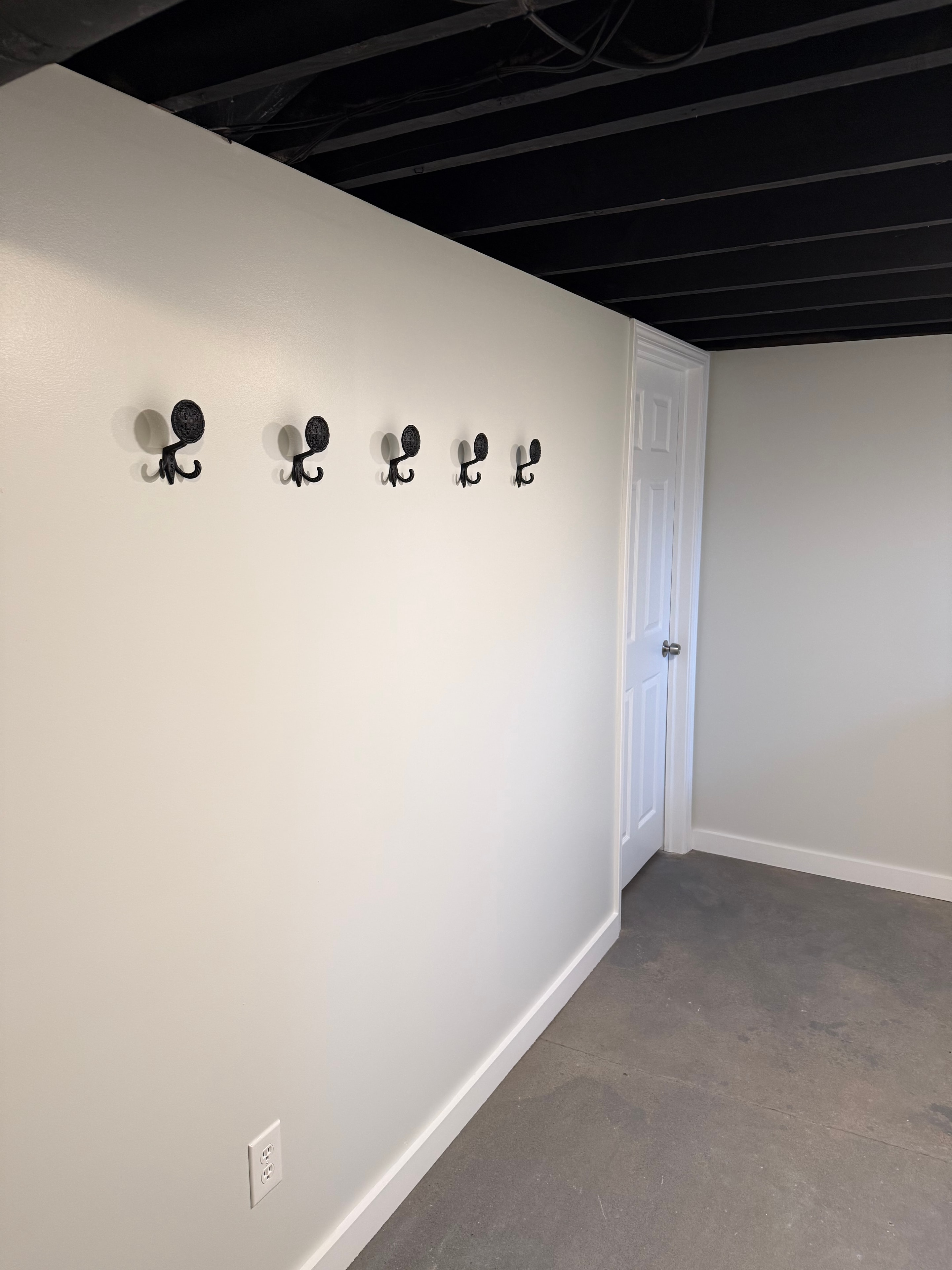 Schuylerville basement bathroom - shower base detail with black robe hooks on wall and white panel door