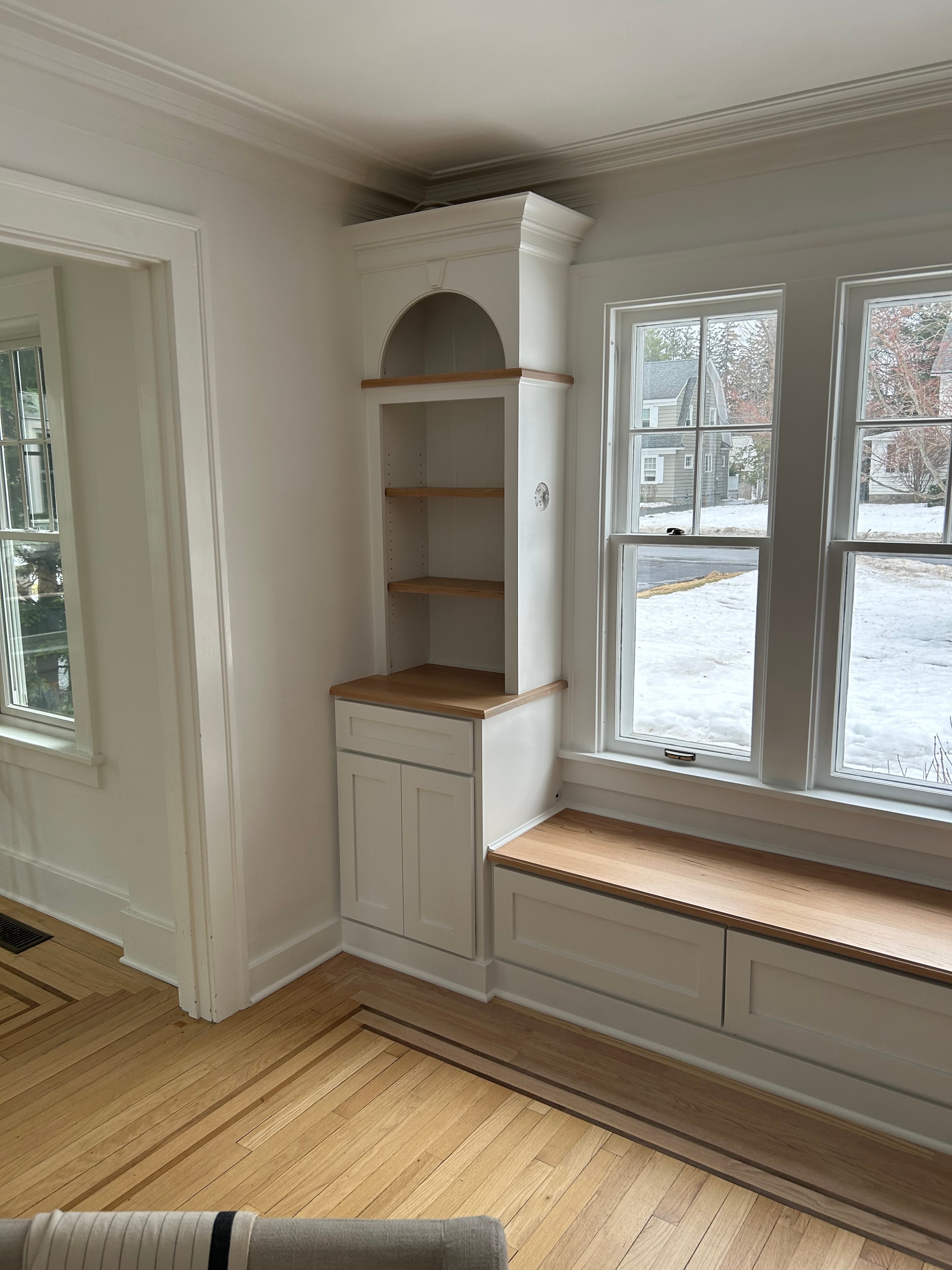 Niskayuna built-in bench - window seat with storage drawers, flanking cabinet, and oak countertop
