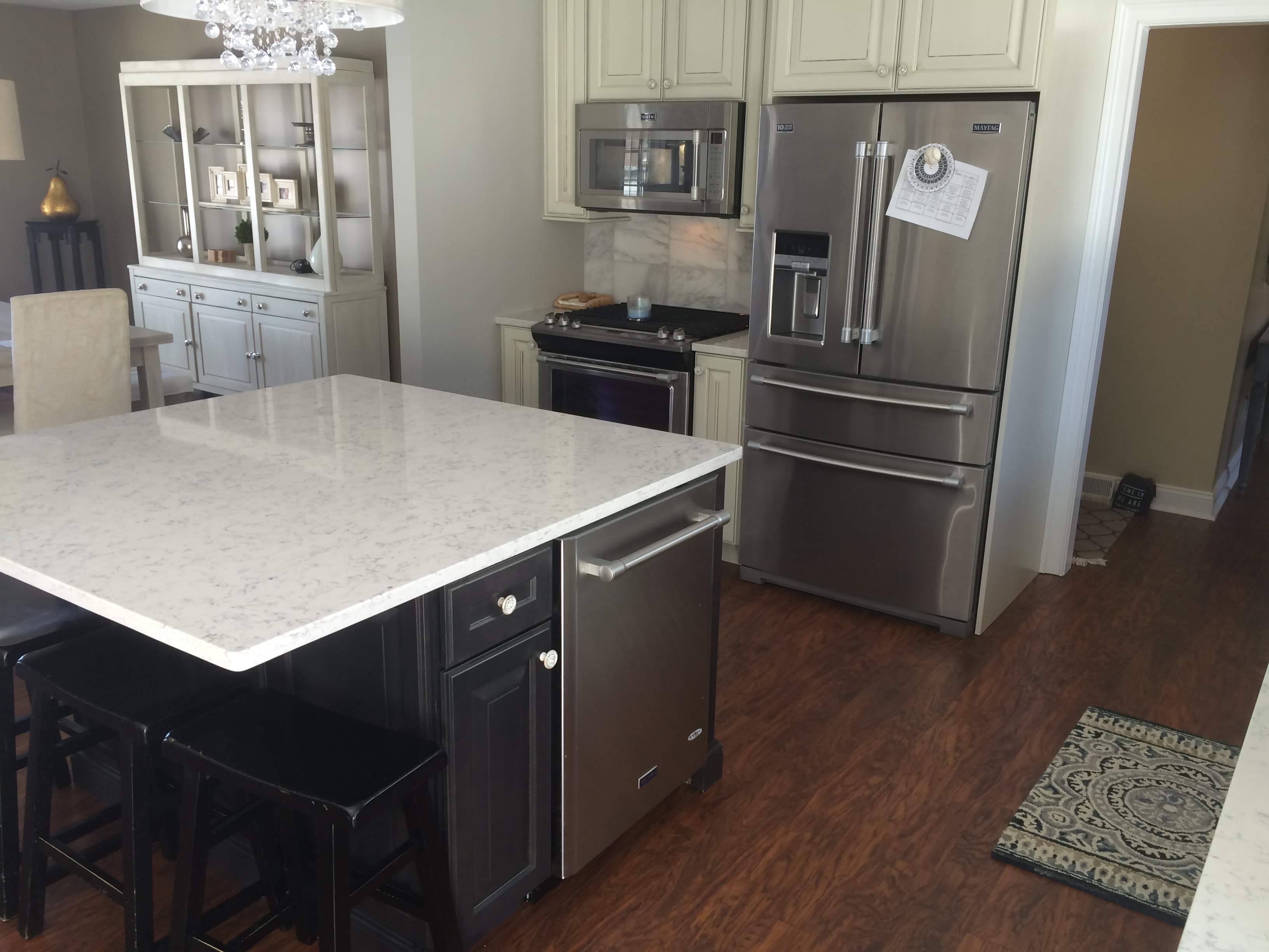 Loudonville kitchen remodel - island close-up with quartz countertop and dark cabinetry